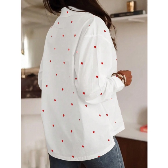White Casual Shirt Red Hearts Button Down Up Long Sleeve - Picture 4 of 11